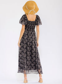 WOMEN'S SHORT PUFF SLEEVE V- NECK SMOCK FLORAL MAXI DRESS