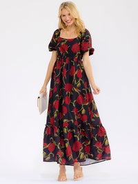 WOMEN'S SHORT PUFF SLEEVE SQUARE NECK ELASTIC WAIST TIERED FLORAL MAXI DRESS