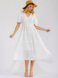 WOMEN'S SHORT PUFF SLEEVE V-NECK FRONT POCKETS TIERED MIDI DRESS