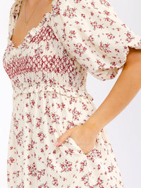 WOMEN'S SHORT PUFF SLEEVE V-NECK FRONT POCKETS SMOCK FLORAL MAXI DRESS