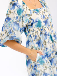 WOMEN'S SHORT PUFF SLEEVE SQUARE NECK FRONT POCKETS FLORAL MIDI DRESS