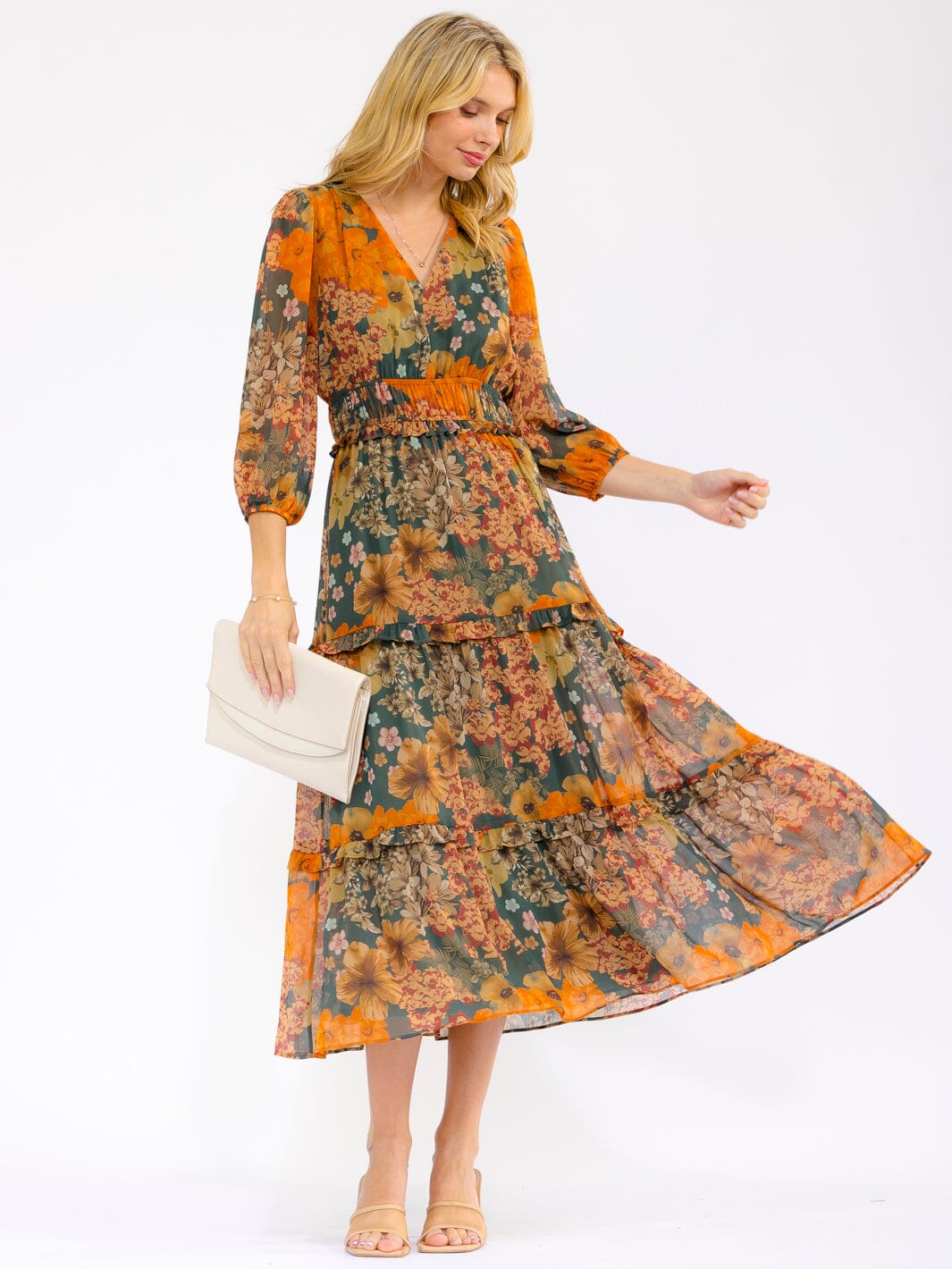 maxi dress 3 4 sleeve WOMEN'S 3/4 V-NECK ELASTIC WAIST TIERED FLORAL – category_party-dresses Shop Belly Dress Online Blush Tiered maxi dress Size:BFF-4