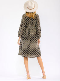 WOMEN'S LONG SLEEVE SQUARE NECK POCKETS FLORAL DETAILED ELASTIC WAIST MIDI DRESS