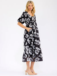 WOMEN'S SHORT SLEEVE V-NECK ELASTIC WAIST FRONT POCKETS FLORAL MAXI DRESS