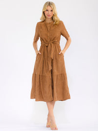 WOMEN'S SHORT SLEEVE BUTTON UP FRONT POCKETS RIBBED TIERED MIDI DRESS