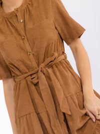 WOMEN'S SHORT SLEEVE BUTTON UP FRONT POCKETS RIBBED TIERED MIDI DRESS