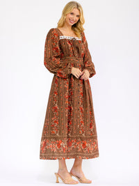 WOMEN'S LONG SLEEVE SQUARE NECK FRONT POCKETS FLORAL MAXI DRESS
