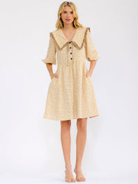 WOMEN'S 3/4 SLEEVE V-NECK BUTTON UP FRONT POCKETS FLORAL MINI DRESS