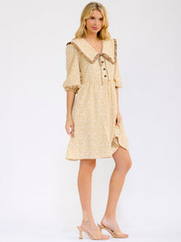 WOMEN'S 3/4 SLEEVE V-NECK BUTTON UP FRONT POCKETS FLORAL MINI DRESS
