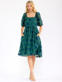 WOMEN'S SHORT PUFF SLEEVE SMOCK SQUARE NECK FRONT POCKETS FLORAL MINI DRESS
