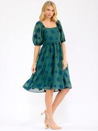 WOMEN'S SHORT PUFF SLEEVE SMOCK SQUARE NECK FRONT POCKETS FLORAL MINI DRESS