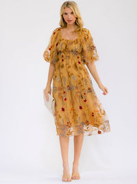 WOMEN'S SHORT SLEEVE SQUARE NECK ELASTIC WAIST EMBROIDERY FLORAL MIDI DRESS