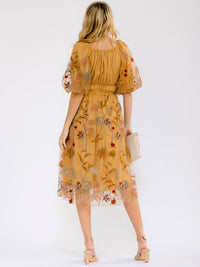 WOMEN'S SHORT SLEEVE SQUARE NECK ELASTIC WAIST EMBROIDERY FLORAL MIDI DRESS