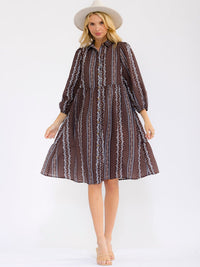 WOMEN'S 3/4 SLEEVE BUTTON UP FRONT POCKETS FLORAL MIDI DRESS