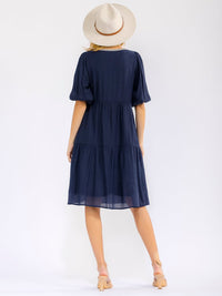 WOMEN'S SHORT PUFF SLEEVE FRONT POCKETS TIERED MIDI DRESS