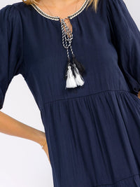 WOMEN'S SHORT PUFF SLEEVE FRONT POCKETS TIERED MIDI DRESS
