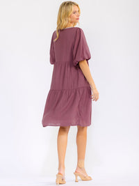 WOMEN'S SHORT PUFF SLEEVE FRONT POCKETS TIERED MIDI DRESS