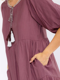 WOMEN'S SHORT PUFF SLEEVE FRONT POCKETS TIERED MIDI DRESS