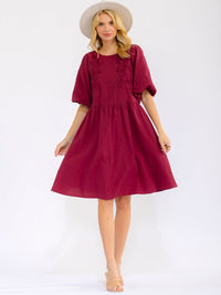 WOMEN'S SHORT PUFF SLEEVE FRONT POCKETS STITCHED DETAILED MINI DRESS