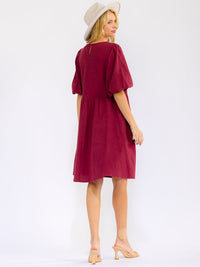 WOMEN'S SHORT PUFF SLEEVE FRONT POCKETS STITCHED DETAILED MINI DRESS