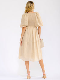 WOMEN'S SHORT PUFF SLEEVE SQUARE NECK POCKETS SMOCK TIERED MIDI DRESS