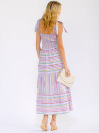 WOMEN'S SLEEVELESS SMOCK FRONT POCKETS COLORBLOCK STRIPES MAXI DRESS
