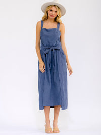 WOMEN'S SLEEVELESS SQUARE NECK FRONT POCKETS SELF TIE WRAP MAXI DRESS