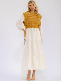WOMEN'S LONG SLEEVE CROCHET DETAILED FRONT POCKETS TIERED MAXI DRESS