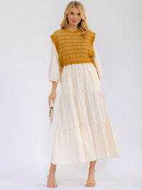 WOMEN'S LONG SLEEVE CROCHET DETAILED FRONT POCKETS TIERED MAXI DRESS