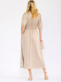 WOMEN'S SHORT SLEEVE V-NECK ELASTIC WAIST FRONT POCKETS STRIPES MAXI DRESS