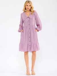 WOMEN'S LONG SLEEVE V-NECK BUTTON UP FRONT POCKETS MIDI DRESS