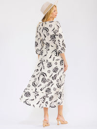 WOMEN'S 3/4 SLEEVE SURPLICE FRONT POCKETS SMOCK FLORAL MAXI DRESS