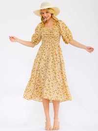 WOMEN'S SHORT SLEEVE SMOCK RUCHED FRONT POCKETS FLORAL MIDI DRESS