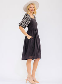 WOMEN'S SHORT PUFF SLEEVE SQUARE NECK FRONT POCKETS SMOCK STITCHED MINI DRESS
