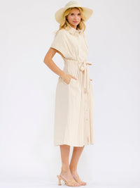 WOMEN'S SHORT SLEEVE BUTTON UP FRONT POCKETS SELF TIE MIDI DRESS