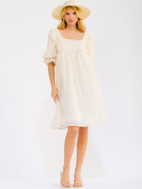 WOMEN'S SHORT PUFF SLEEVE SQUARE NECK LOOSE FIT DETAILED MINI DRESS