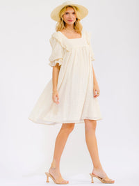 WOMEN'S SHORT PUFF SLEEVE SQUARE NECK LOOSE FIT DETAILED MINI DRESS