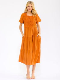 WOMEN'S SHORT PUFF SLEEVE SQUARE NECK POCKETS TIERED CROCHET MAXI DRESS