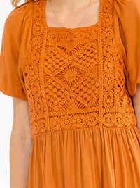 WOMEN'S SHORT PUFF SLEEVE SQUARE NECK POCKETS TIERED CROCHET MAXI DRESS