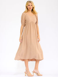 WOMEN'S SHORT PUFF SLEEVE FRONT POCKETS SOLID LINEN MAXI DRESS