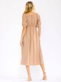 WOMEN'S SHORT PUFF SLEEVE FRONT POCKETS SOLID LINEN MAXI DRESS