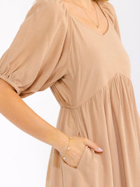 WOMEN'S SHORT PUFF SLEEVE FRONT POCKETS SOLID LINEN MAXI DRESS