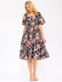 WOMEN'S SHORT PUFF SLEEVE SQUARE NECK POCKETS SMOCK STITCHED FLORAL MIDI DRESS