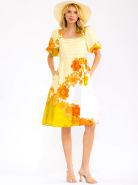 WOMEN'S SHORT SLEEVE SQUARE NECK SMOCK FRONT POCKETS FLORAL MINI DRESS