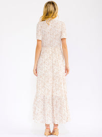 WOMEN'S SHORT SLEEVES V-NECK ELASTIC WAIST FRONT POCKETS FLORAL MAXI DRESS