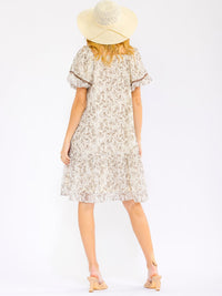 WOMEN'S SHORT PUFF SLEEVE SQUARE NECK FRONT POCKETS FLORAL MINI DRESS