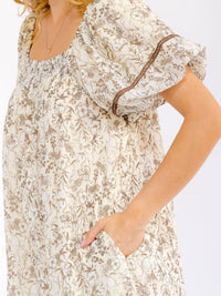 WOMEN'S SHORT PUFF SLEEVE SQUARE NECK FRONT POCKETS FLORAL MINI DRESS