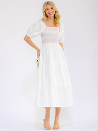 WOMEN'S SHORT SLEEVE SQUARE NECK ELASTIC WAIST FRONT POCKETS STITCHED MAXI DRESS