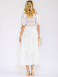 WOMEN'S SHORT SLEEVE SQUARE NECK ELASTIC WAIST FRONT POCKETS STITCHED MAXI DRESS