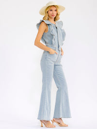 WOMEN'S RUFFLE SLEEVES BUTTON UP FRONT POCKETS BELL LEG DENIM JUMPSUIT